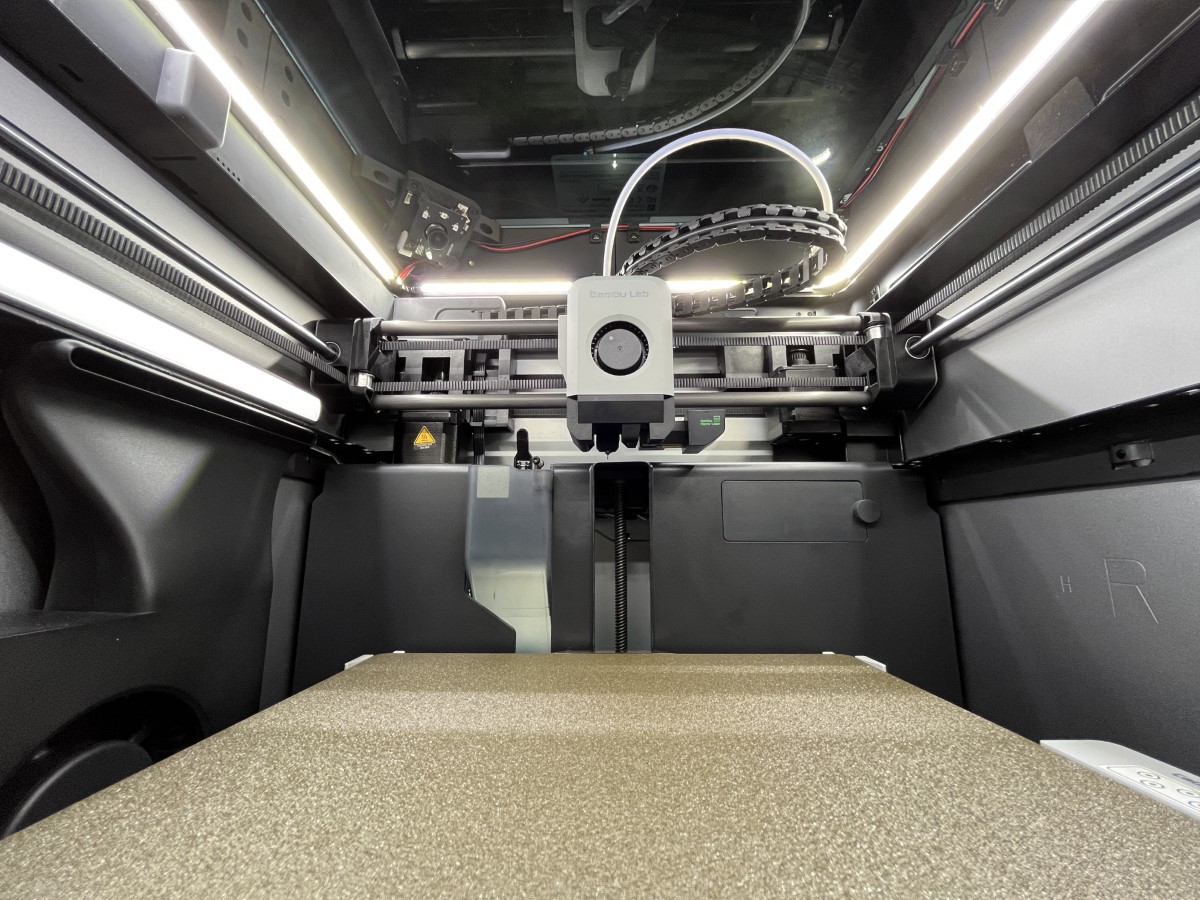An interior view of a 3D printer